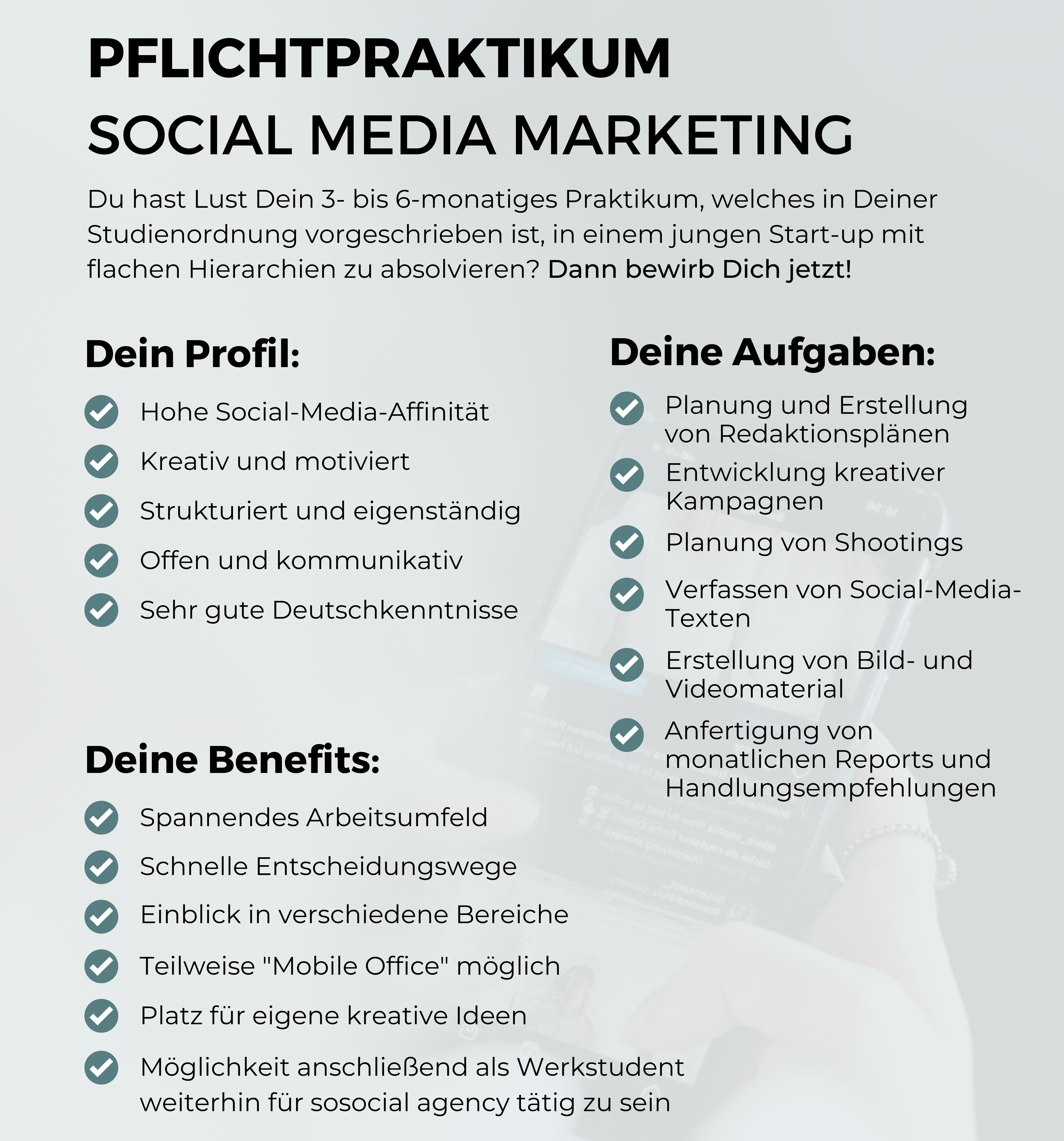 Stellenausschreibung für Pflichtpraktikum im Bereich Social Media Marketing  bei sosocial agency in Pirmasens. 